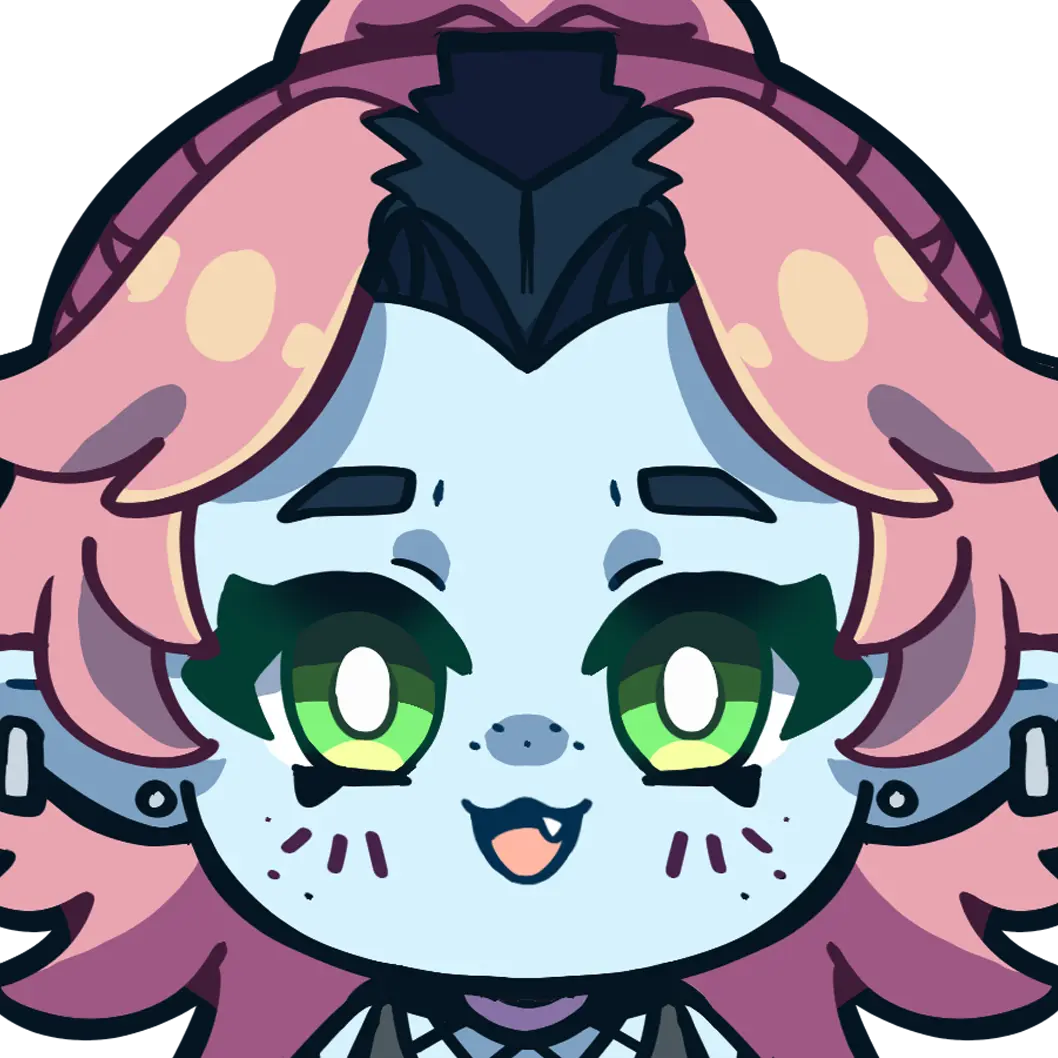 A digital drawing of a person (me) with long wavy hair, transitioning from blonde to pink. They have blue eyes, glasses, a beard, piercings in the nose and lip, and earrings. They are smiling slightly and wearing a black top.