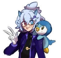 A cartoon character with wavy blue hair, one blue eye, and one red eye is making a peace sign. They have cat-like ears and wear a purple suit with a black tie featuring a button. A small Piplup is perched on their shoulder, smiling. The background is plain white.