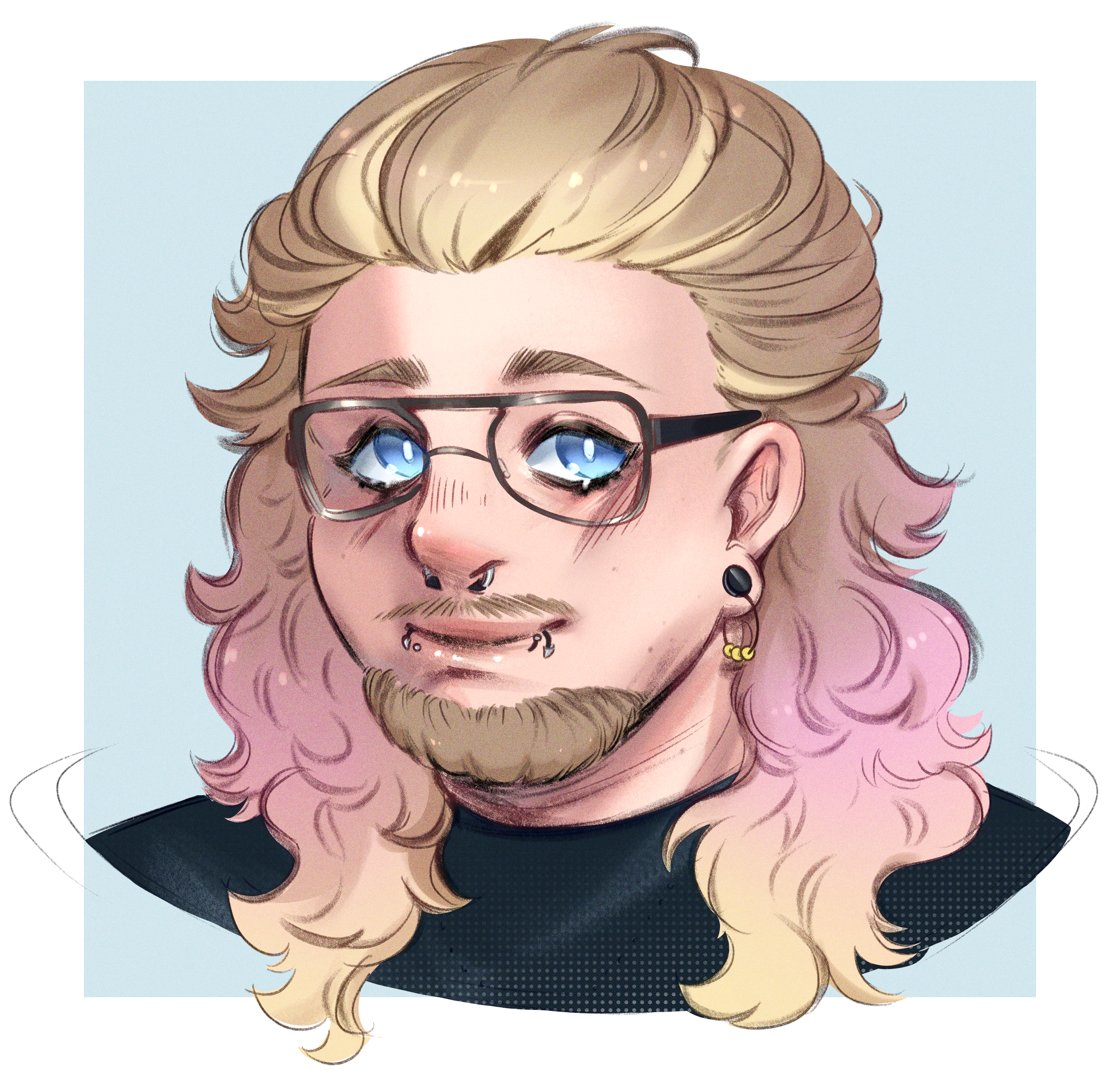 A digital drawing of a person (me) with long wavy hair, transitioning from blonde to pink. They have blue eyes, glasses, a beard, piercings in the nose and lip, and earrings. They are smiling slightly and wearing a black top.